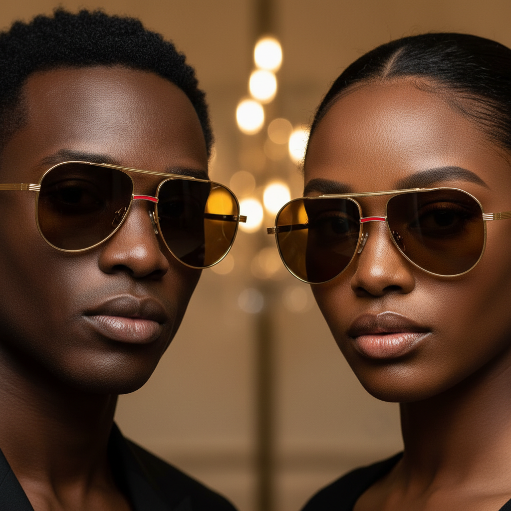 Nigerian male and female models wearing slim gold aviator sunglasses with brown amber lens and red nose accent