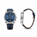 Men's silver steel chronograph royal blue dial moon phase watch — ghost mannequin front and side view, royal blue leather strap