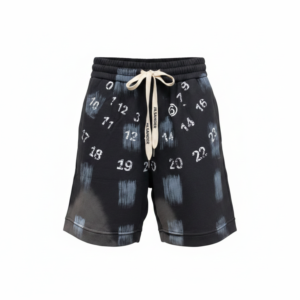 Men's black distressed number print sweat shorts — ghost mannequin front view