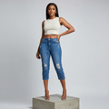 Blue Slightly Torn Denim Capri Trousers - Model Front