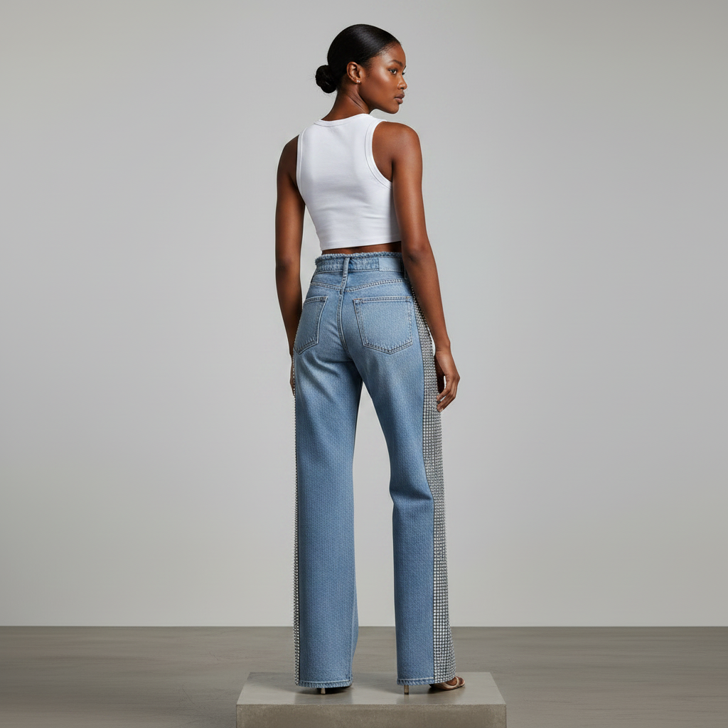 Light Blue Rhinestone Side Panel Wide-Leg Jeans – Model Back
