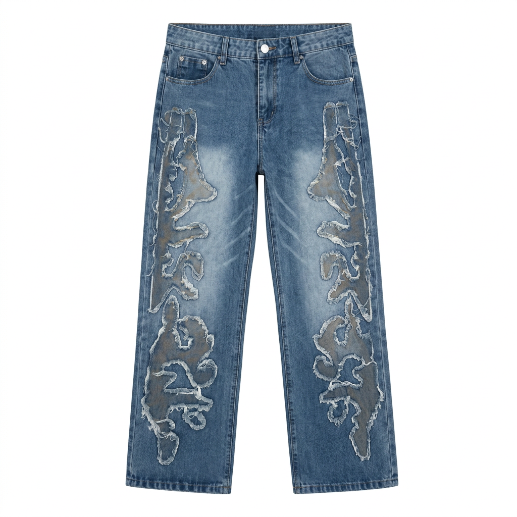 Blue wide-leg jeans with grey abstract appliqués and frayed outlines