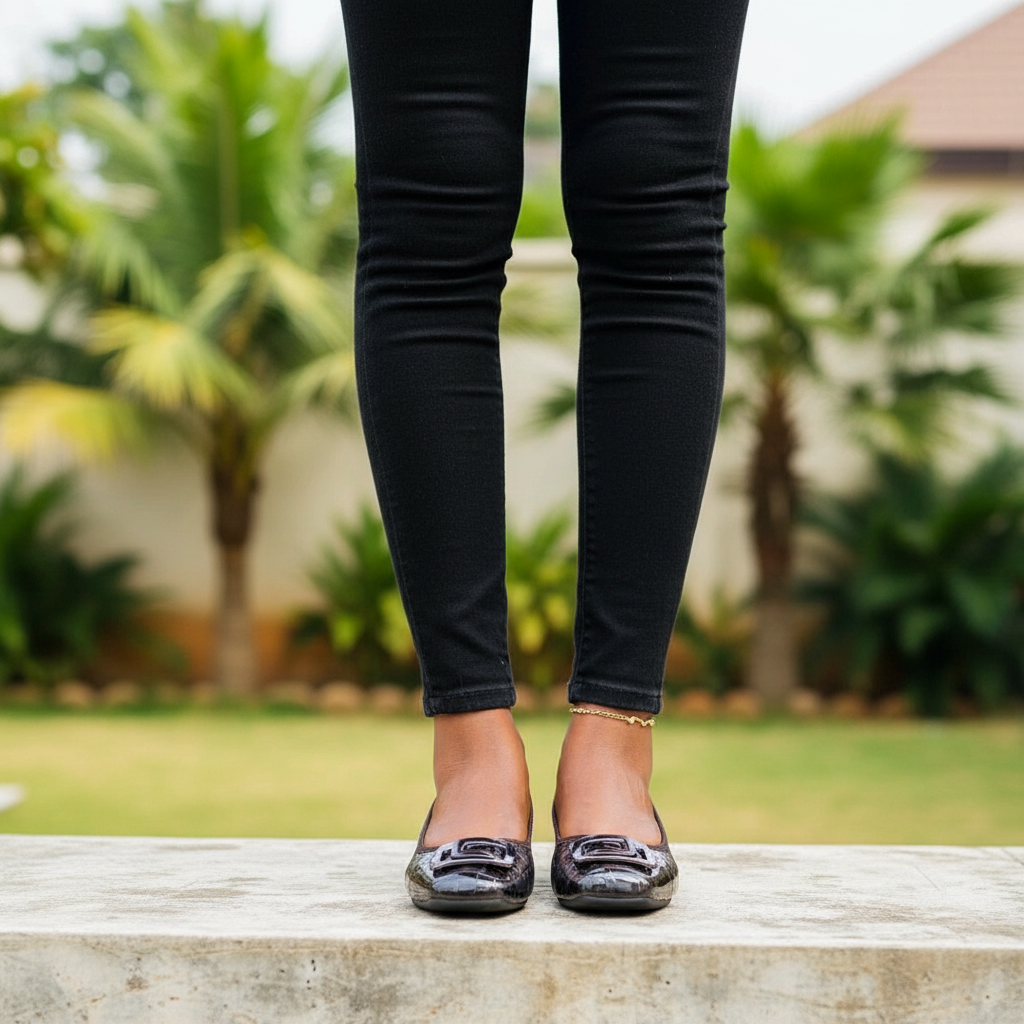 Women's dark grey croc flat pumps – Nigerian female model leg shot