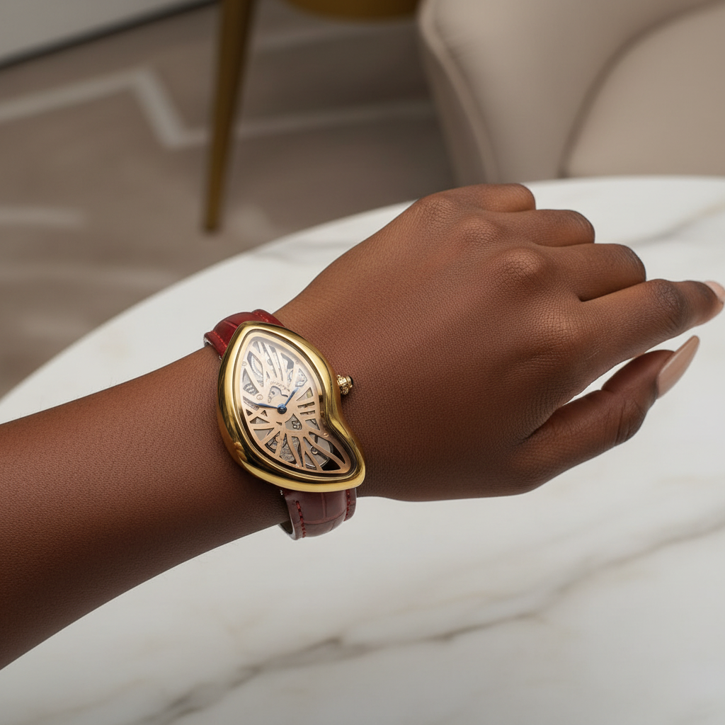 Black Nigerian woman wrist shot wearing asymmetric yellow gold skeleton dial watch with red strap