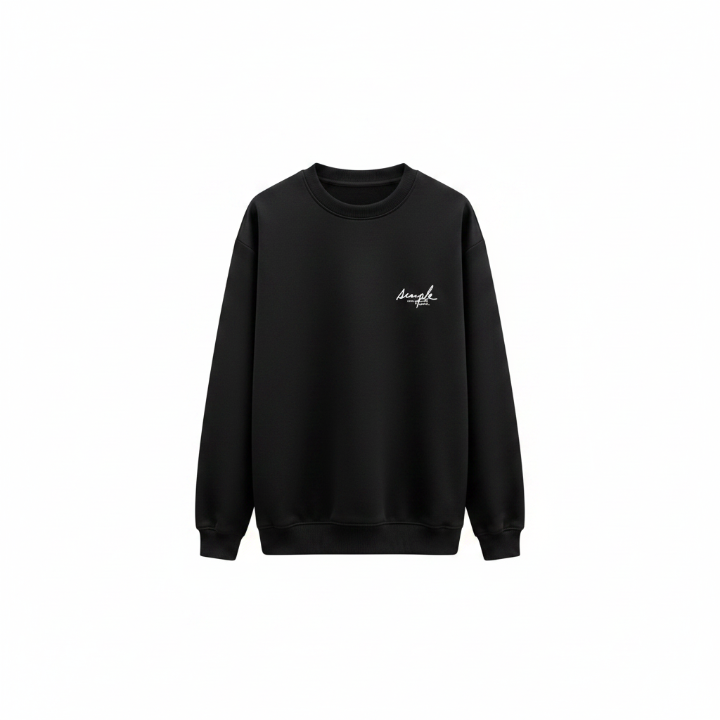 Unisex black sweatshirt with small cursive script chest graphic – ghost mannequin front view