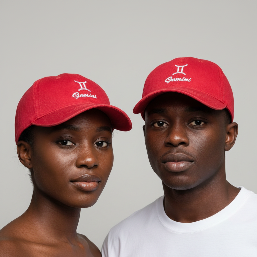 Nigerian female and male models wearing red dad cap with white Gemini zodiac embroidery
