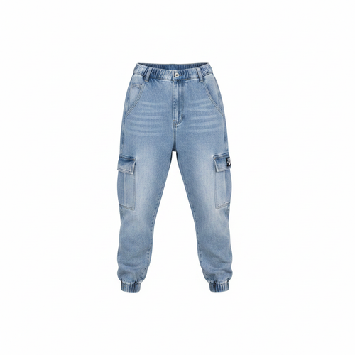 Unisex light blue cargo jogger denim jeans ghost mannequin view