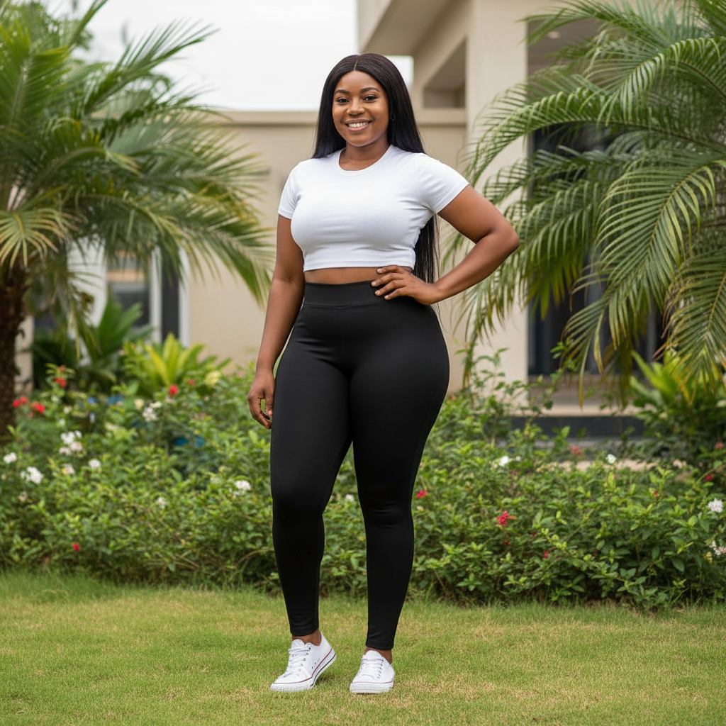Nigerian female model wearing women's black high-waist jeggings – lifestyle shot