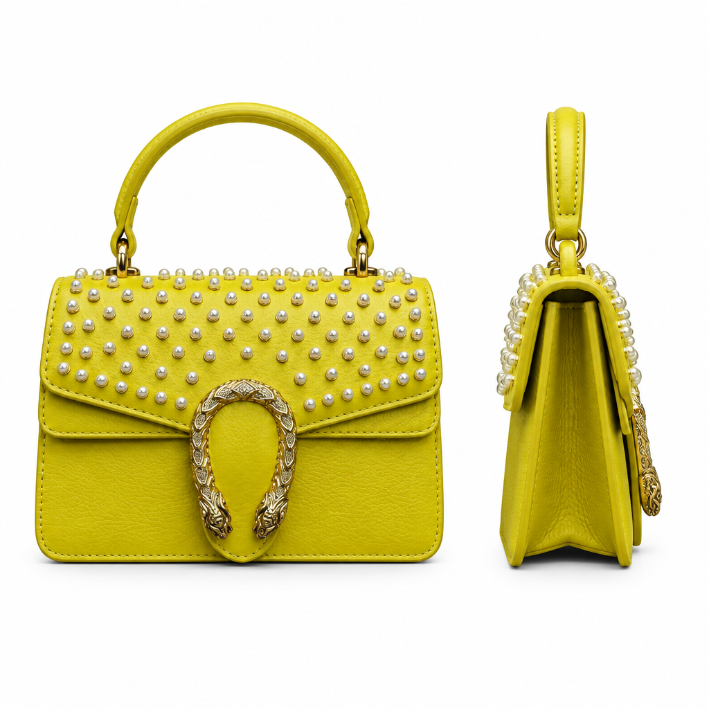 Lime pearl-embellished structured women’s handbag shown from the front and side