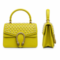Lime pearl-embellished structured women’s handbag shown from the front and side