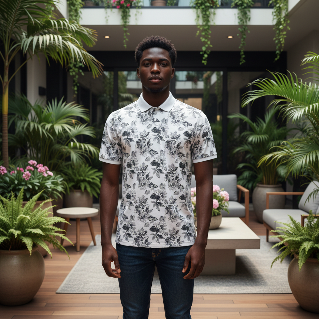 Young Nigerian male model wearing white monochrome floral print polo shirt