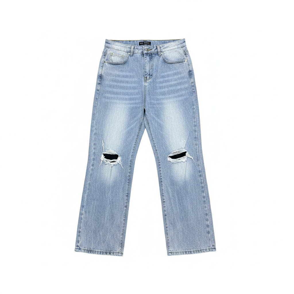 Men's light blue baggy dual ripped knee embroidered pocket denim jeans ghost mannequin front view