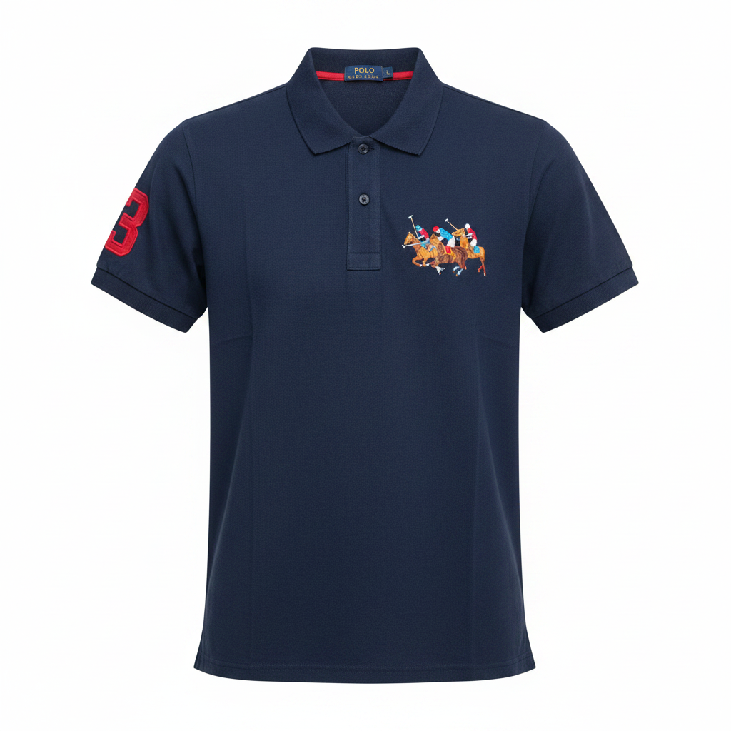 Navy blue short sleeve polo shirt with equestrian embroidery ghost mannequin front view on white background