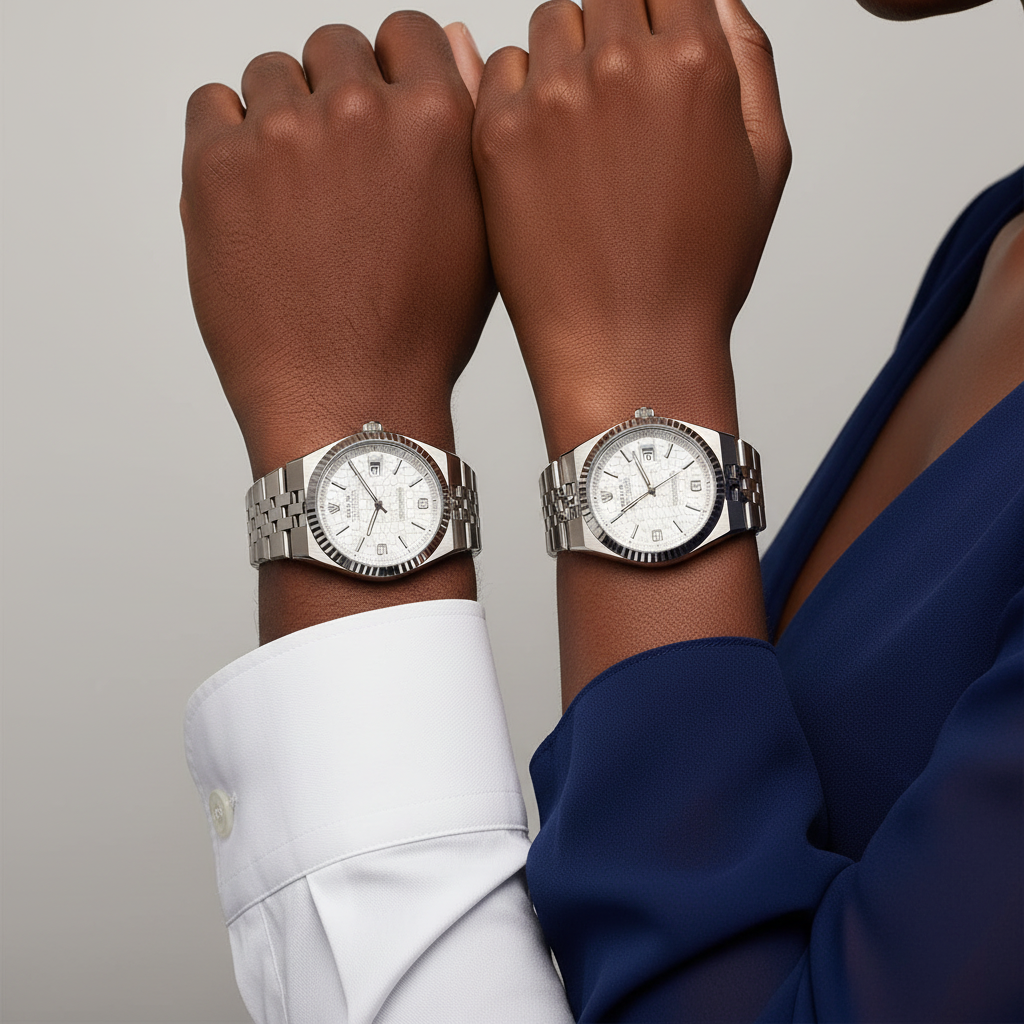 Nigerian male and female model wrist shot — white full silver couple watch