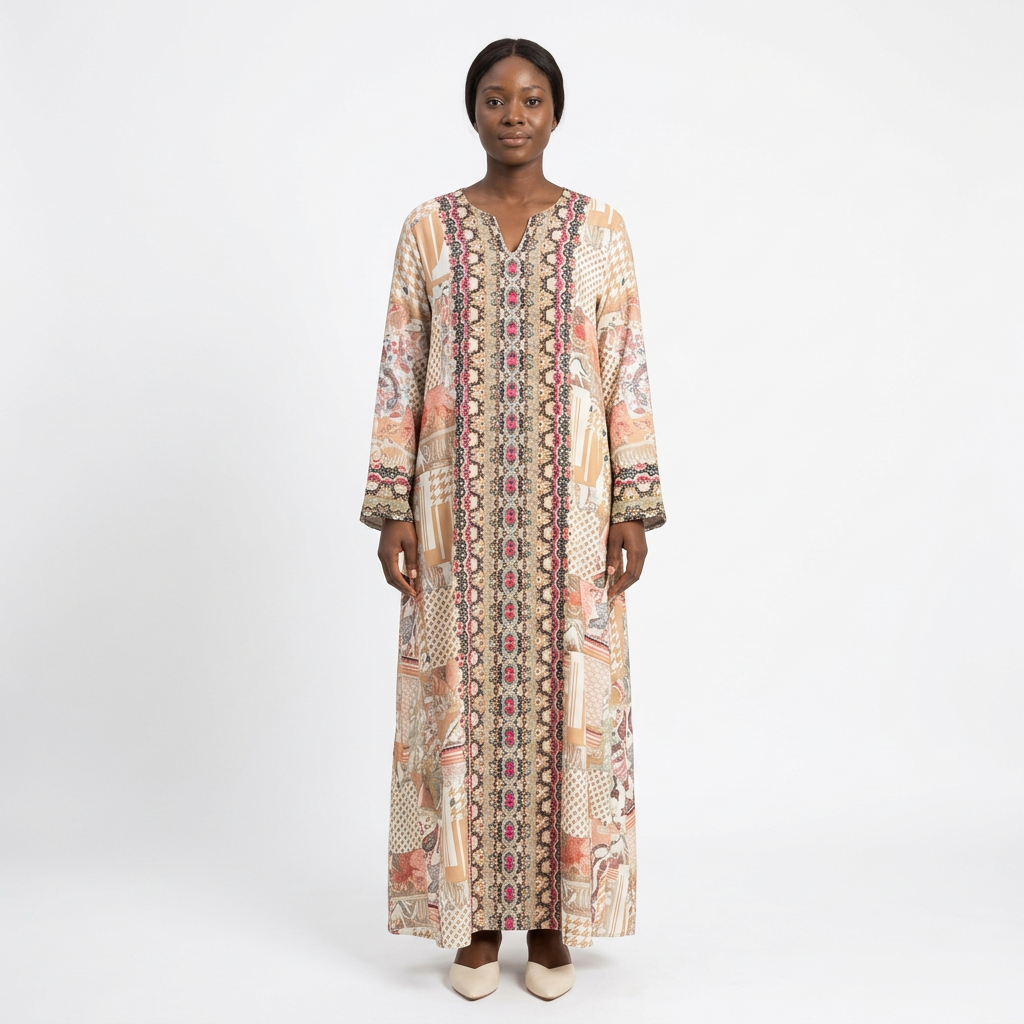 Black female model wearing the cream-and-peach ornate-border abaya