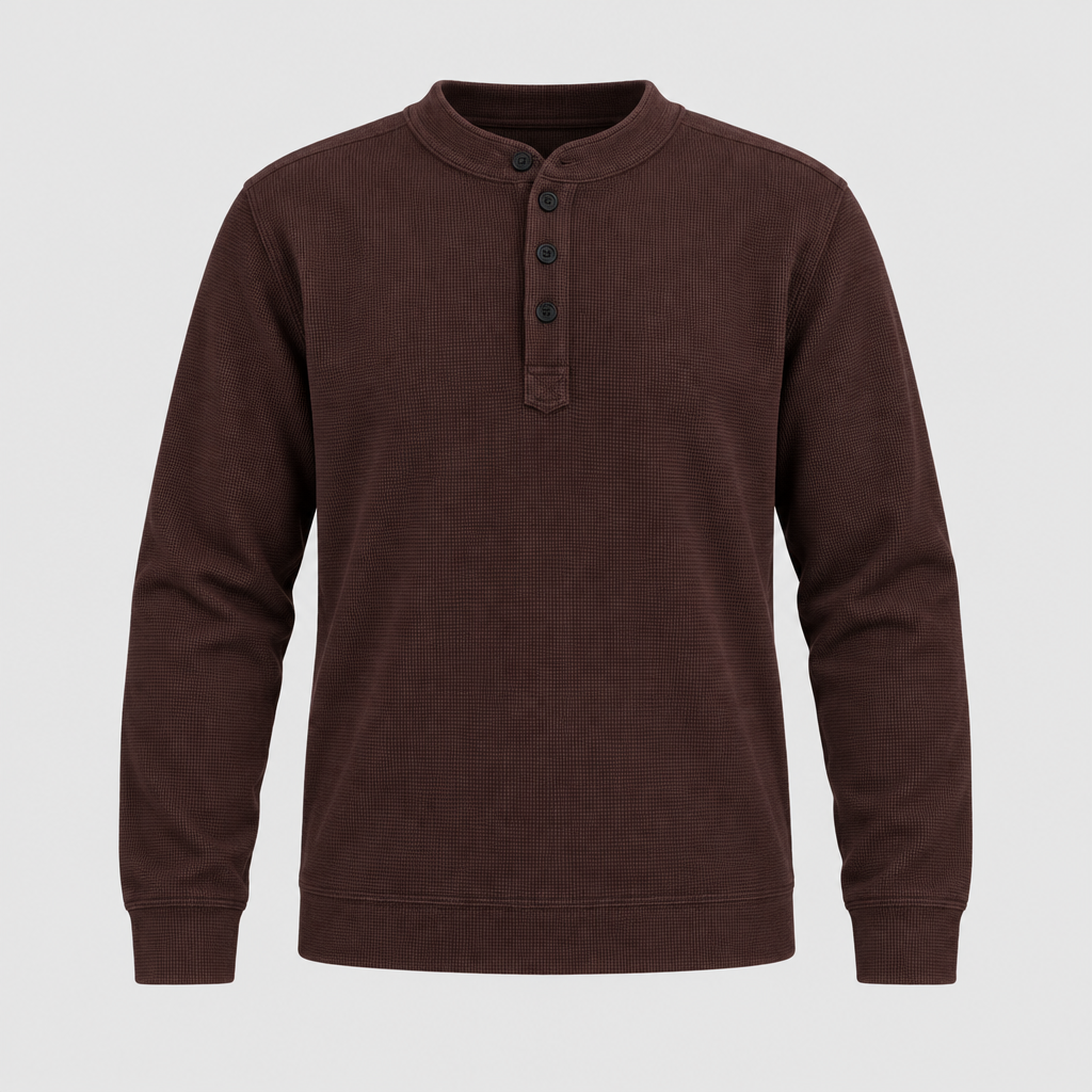 Ghost mannequin view of a brown textured long-sleeve pullover with button neckline