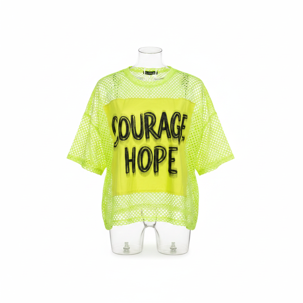 Ghost mannequin front view - neon yellow mesh Courage Hope graphic top