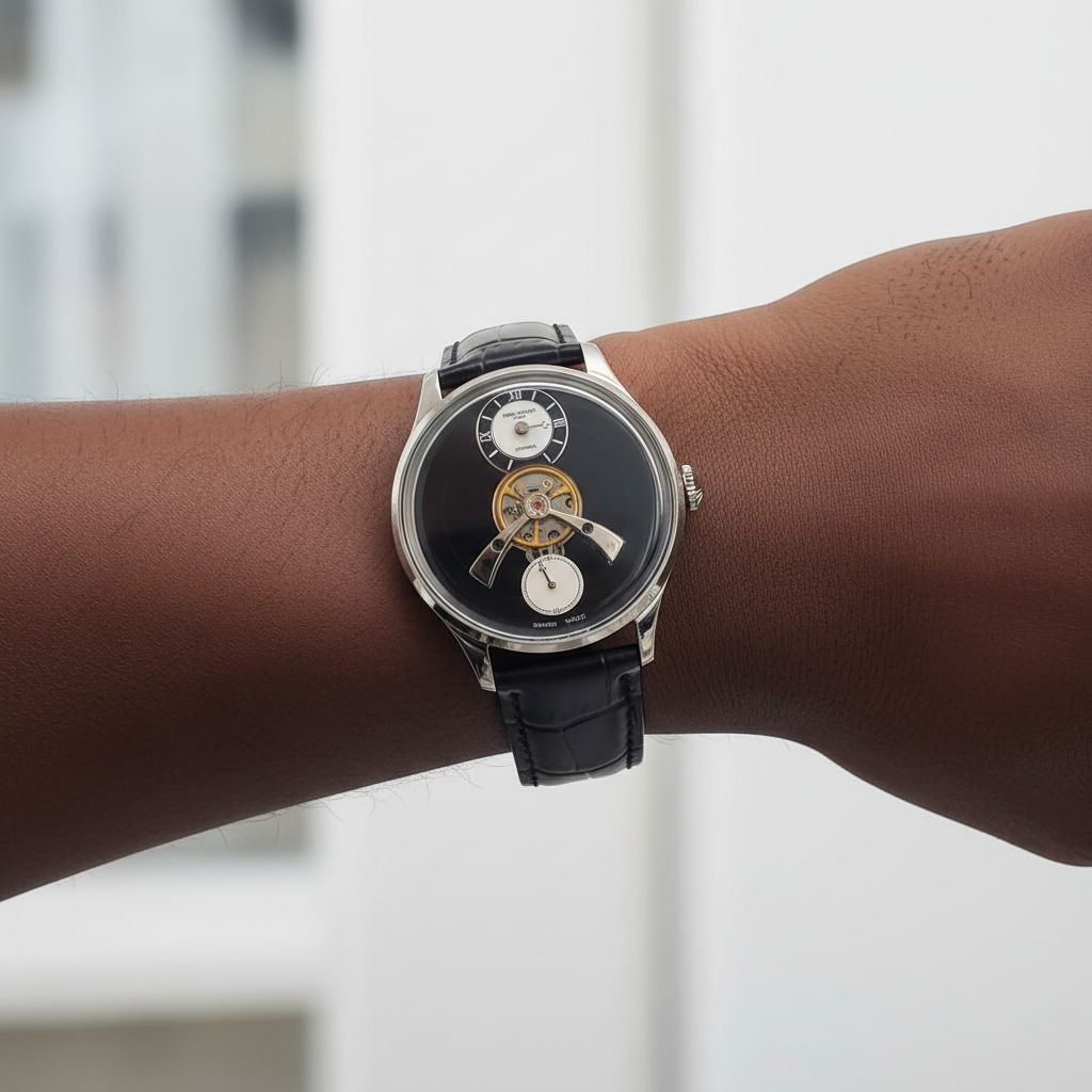 Men's Black Dial Tourbillon Automatic Watch – Nigerian Male Model Wrist Shot