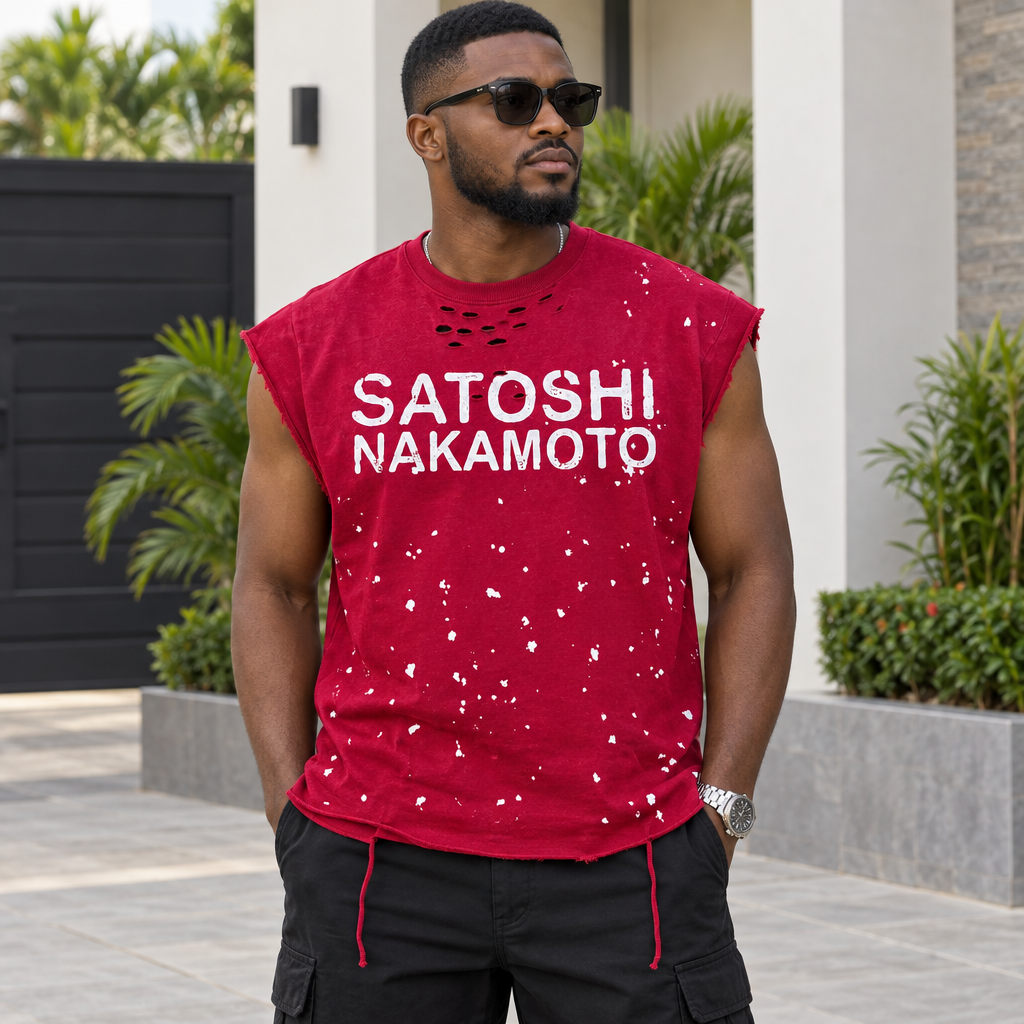 Black Nigerian adult model wearing a red distressed sleeveless graphic shirt