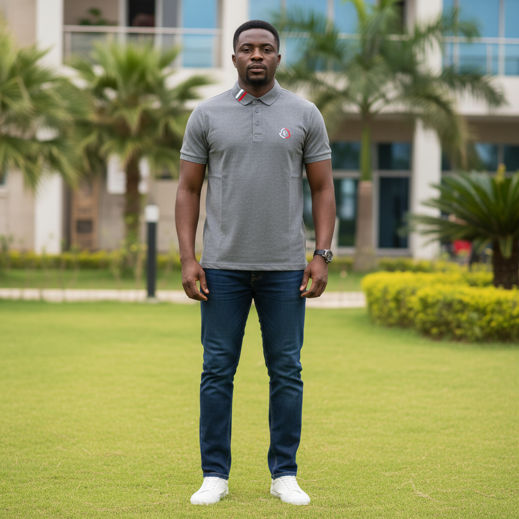 Nigerian male model wearing men's grey marl polo shirt with tricolour striped collar, garden setting