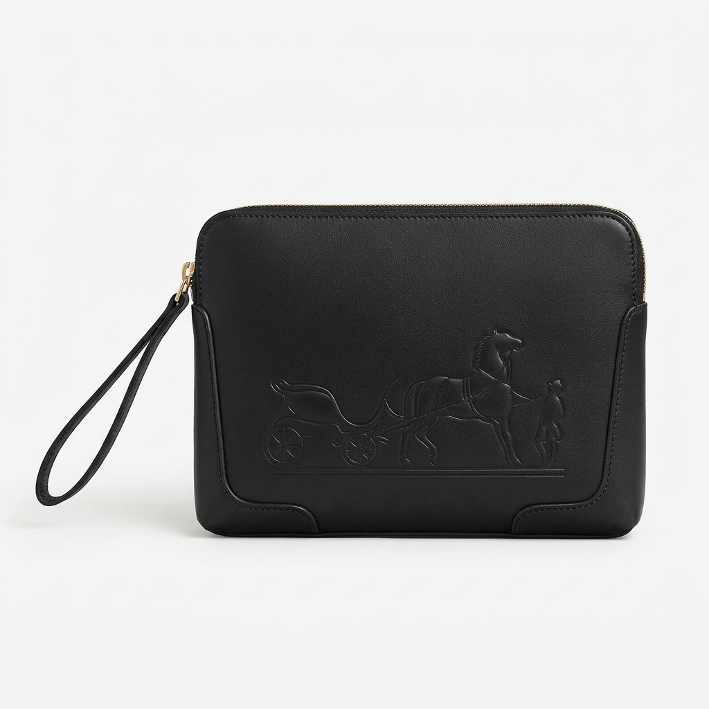 Smooth black embossed carriage-detail wrist pouch on white