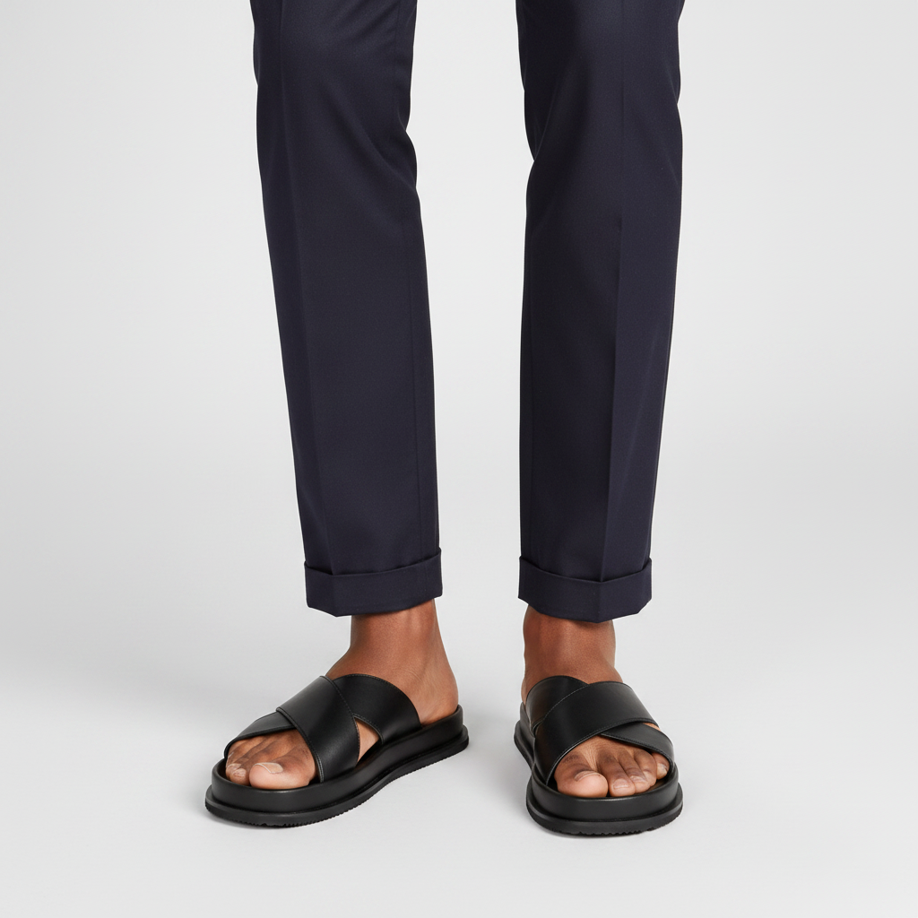 Close-up leg focus of men's black leather cross-strap slide sandals with dark navy trouser hem