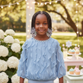 Girl aged 4-6 wearing Sky Blue Ruffle Petal Top - Square Model Shot