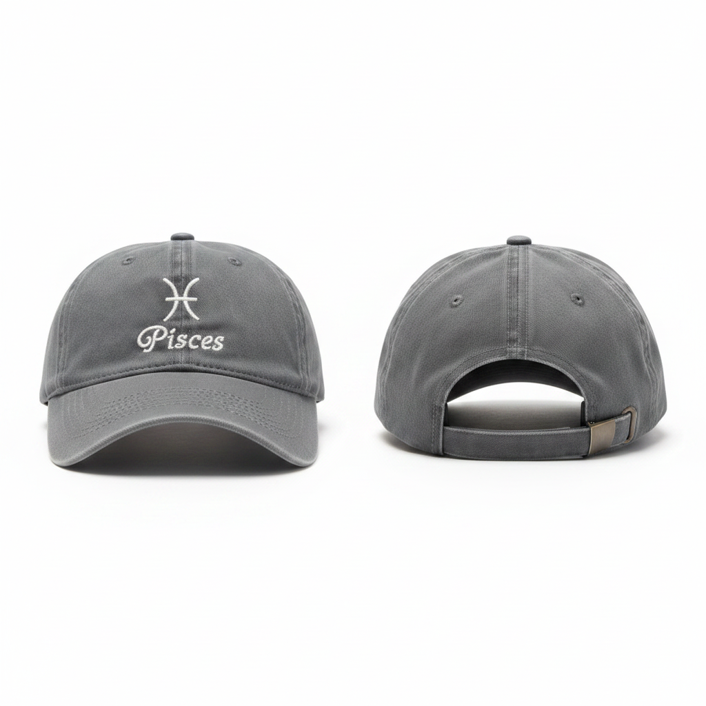 Muted acid-washed grey Pisces zodiac embroidered dad cap ghost mannequin front and side view