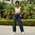 Women's Navy Blue Multi-Pocket Cargo Wide-Leg Jeans - Model Shot