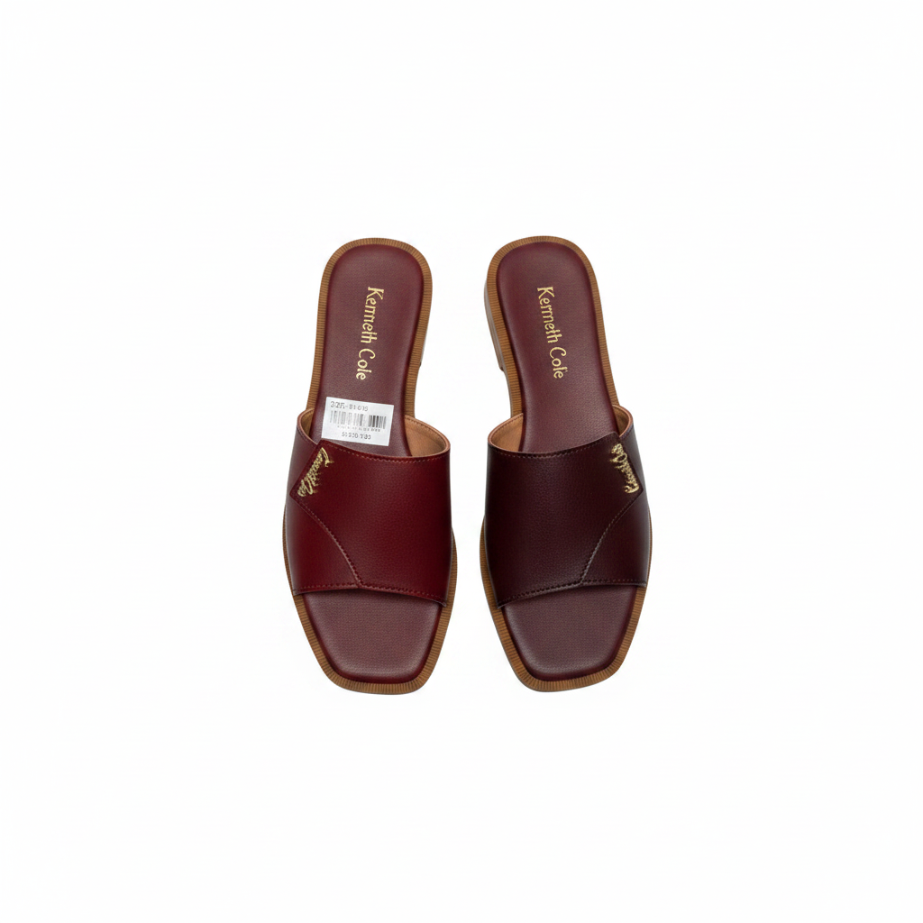 Ghost mannequin pair view of red leather wide strap pointed toe flat slide mules