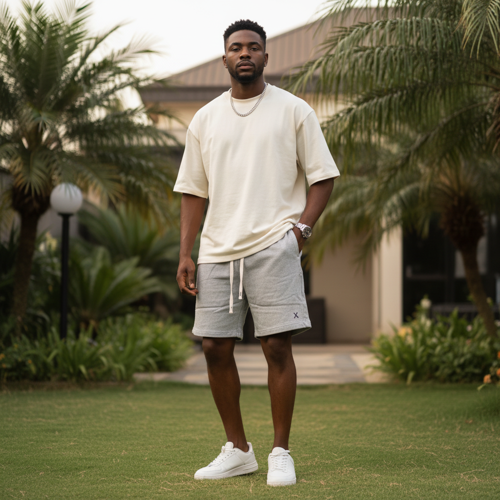 Nigerian male model wearing heather grey classic fleece sweat shorts — full body streetwear shot