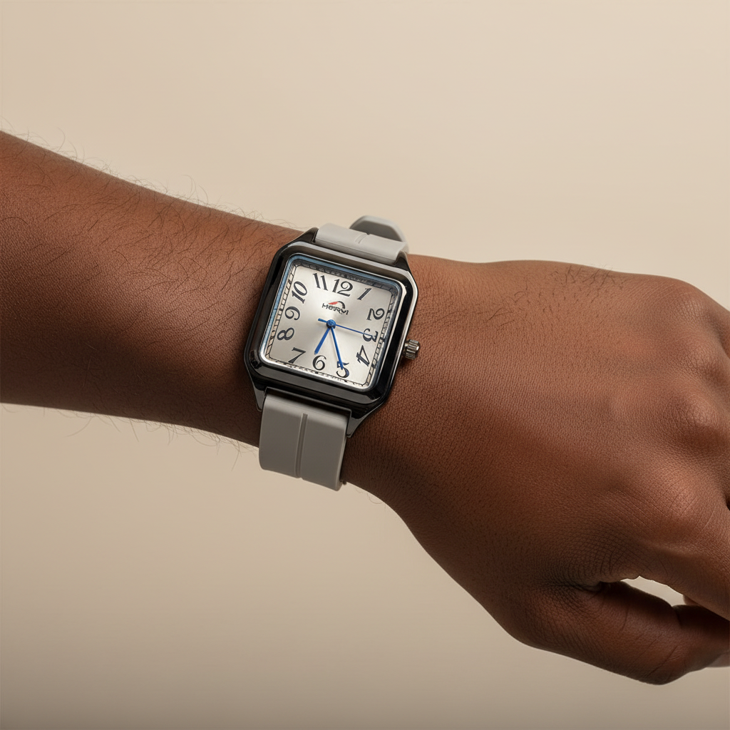 Grey strap numeral square wristwatch worn on a Black man's wrist