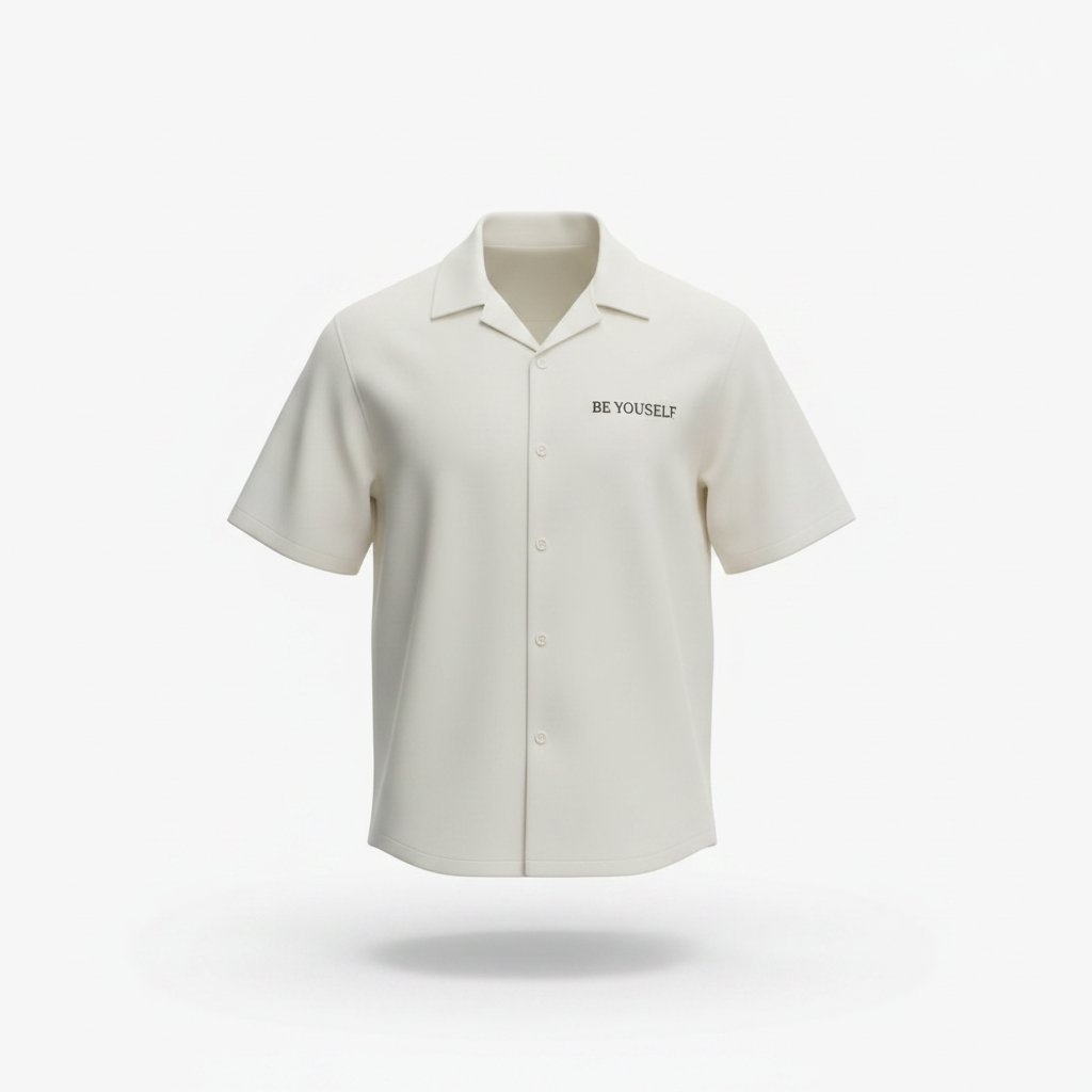 Ghost mannequin view of the cream camp collar short-sleeve shirt