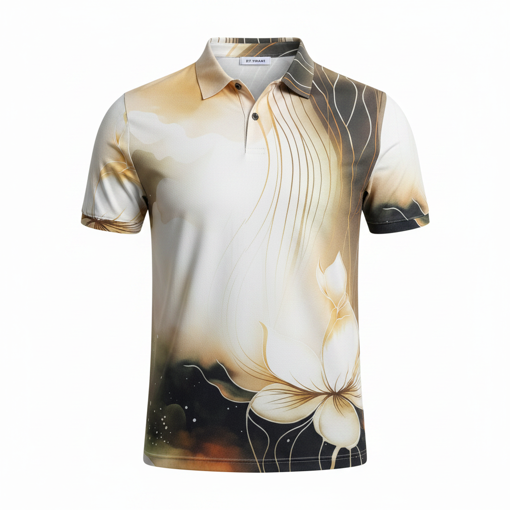 Lotus Floral Ink-Wash Print Polo Shirt - Ghost Mannequin