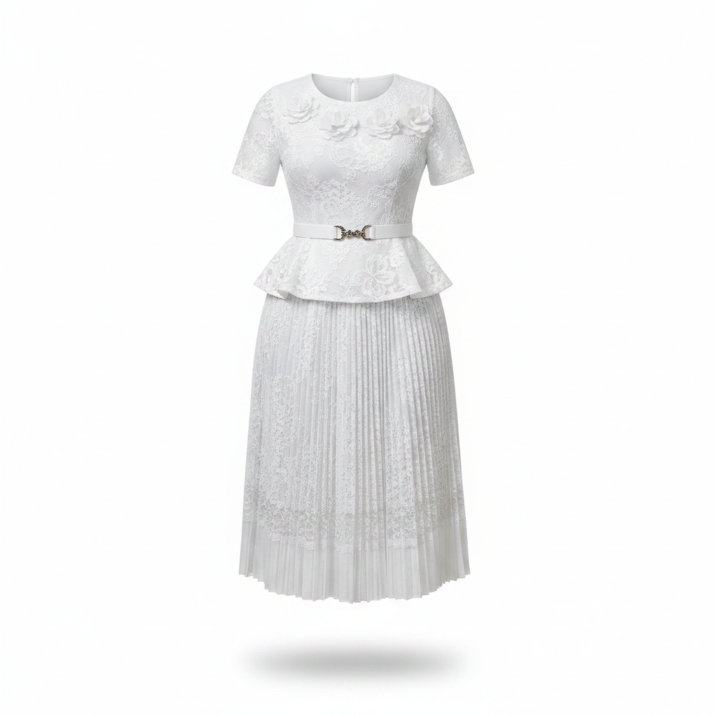 Ghost mannequin view of white lace floral peplum top and pleated midi skirt set