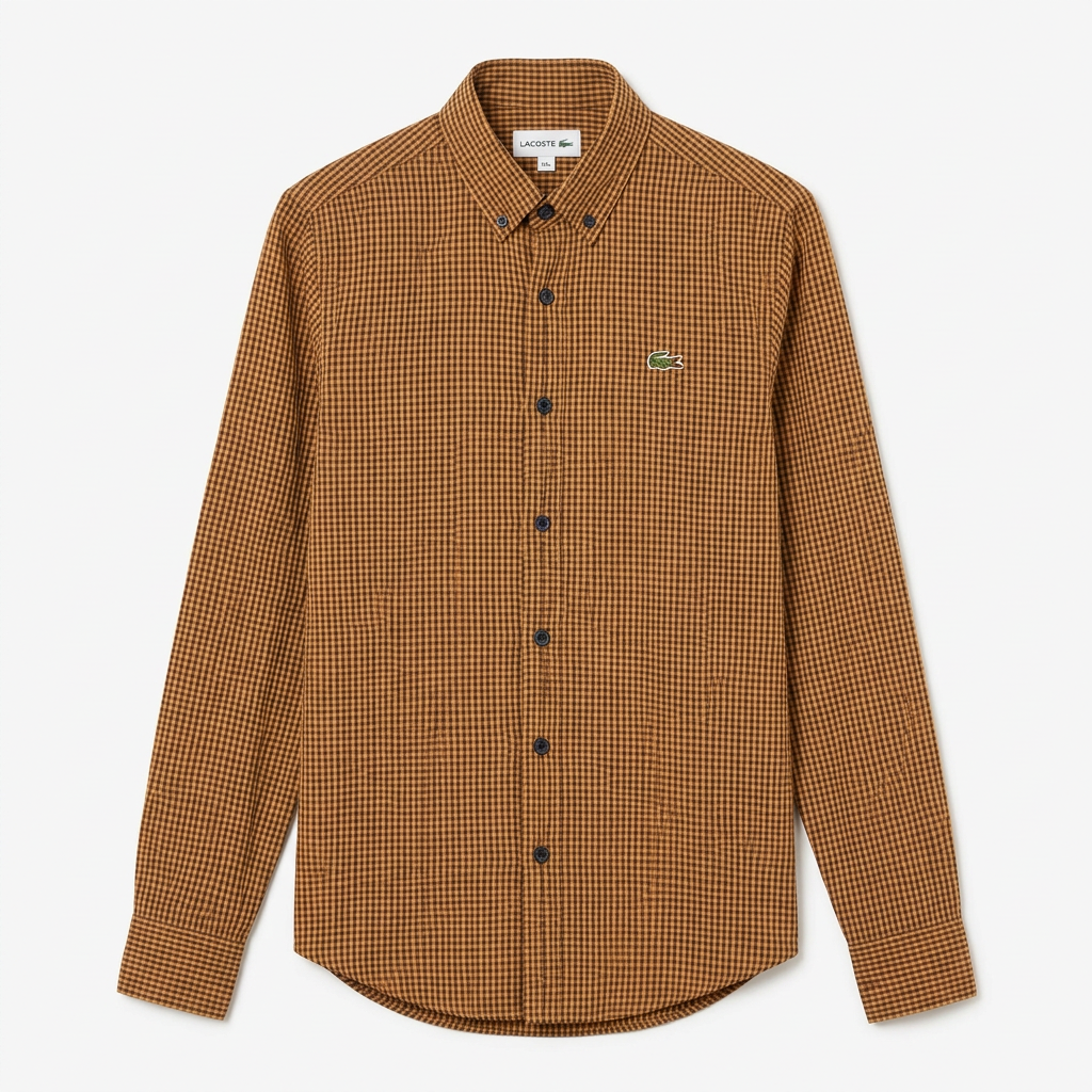 Men’s brown micro-check long-sleeve shirt, generated ghost mannequin view