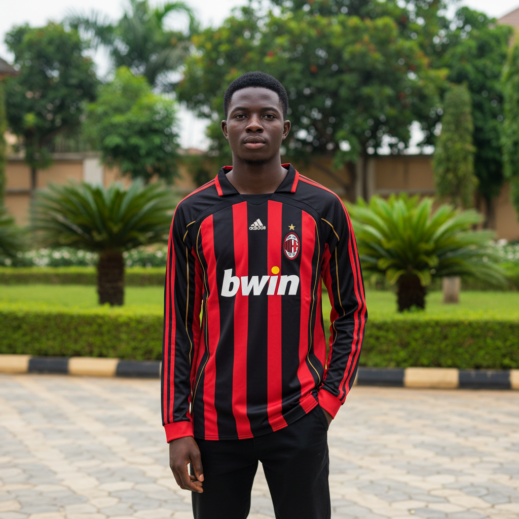 Black and red striped long-sleeve retro football jersey — Nigerian male model front view