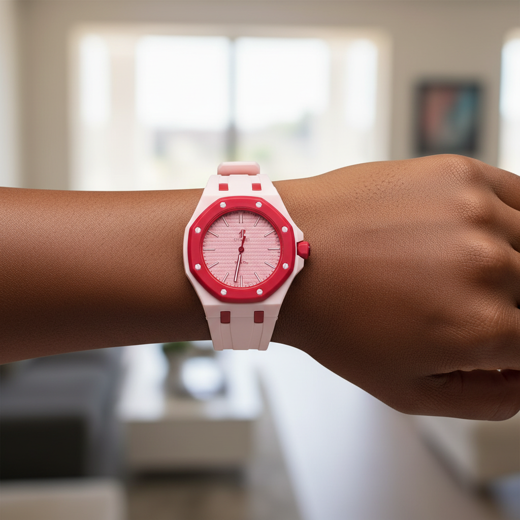 Nigerian female model wearing unisex white octagonal pop watch with red bezel and blush dial on wrist