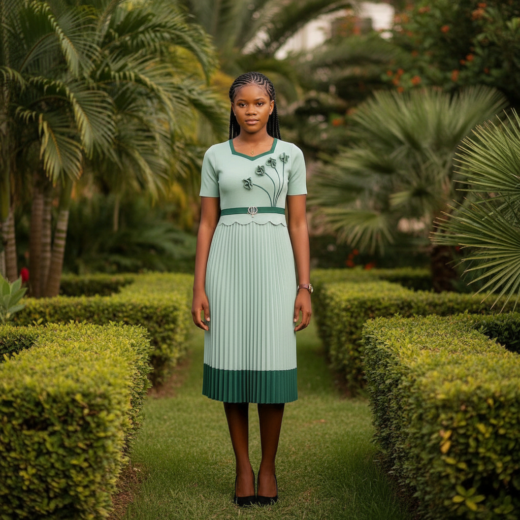 Nigerian teenage girl model wearing mint green pleated midi dress with floral appliqué