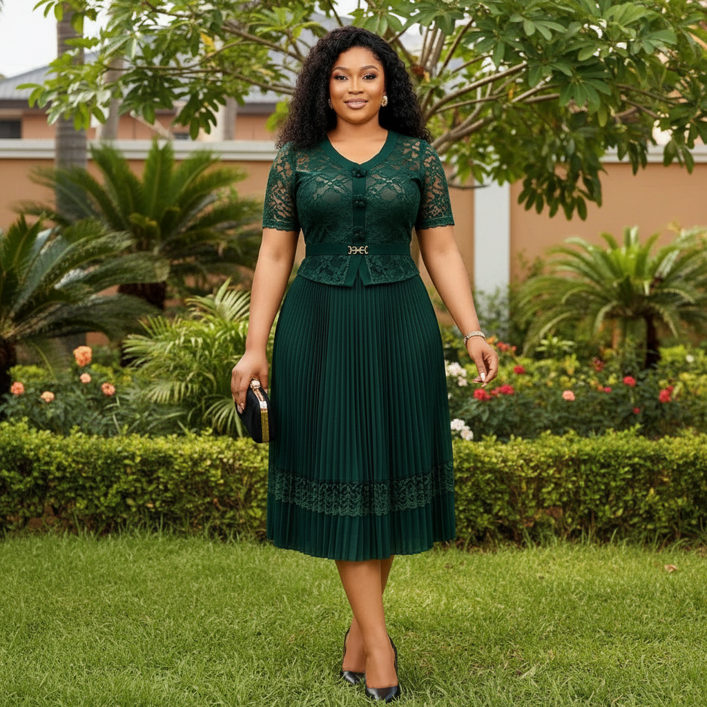 Women's Forest Green Lace Overlay Peplum Pleated Midi Gown - Nigerian Female Model