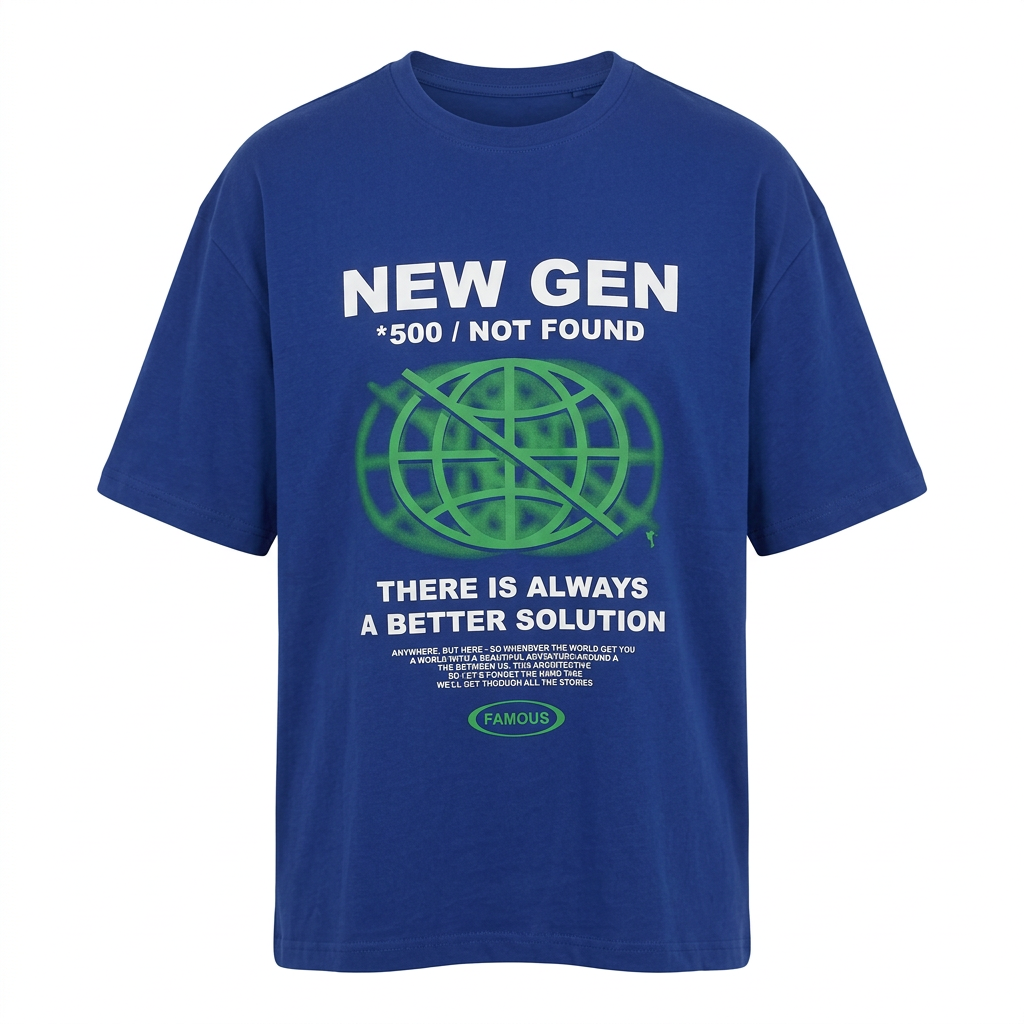 Cobalt blue globe graphic T-shirt ghost mannequin on white
