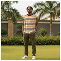 Nigerian male model wearing men's camel black red stripe sleeveless vest top