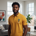 Young Nigerian male model wearing mustard yellow graphic polo shirt, front view