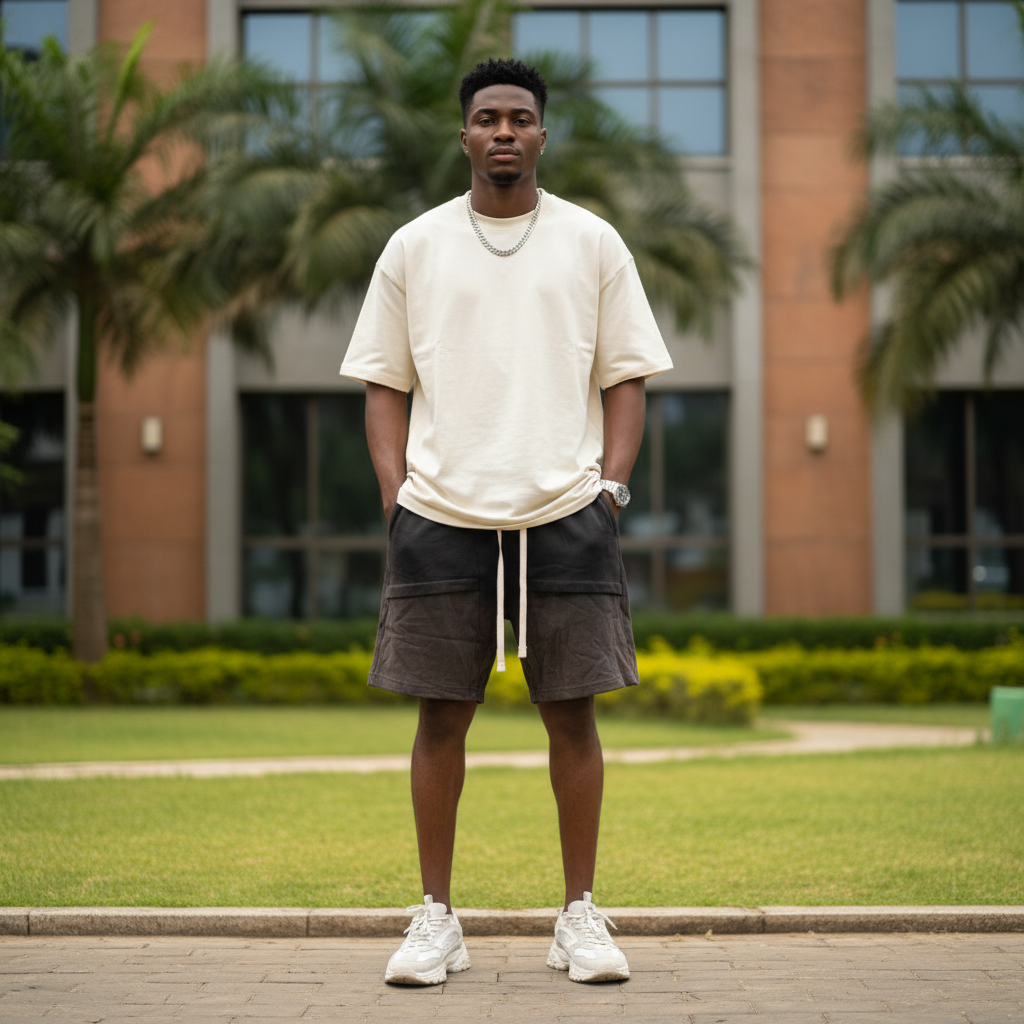 Nigerian male model wearing washed charcoal gradient angled-pocket sweat shorts — full body streetwear shot