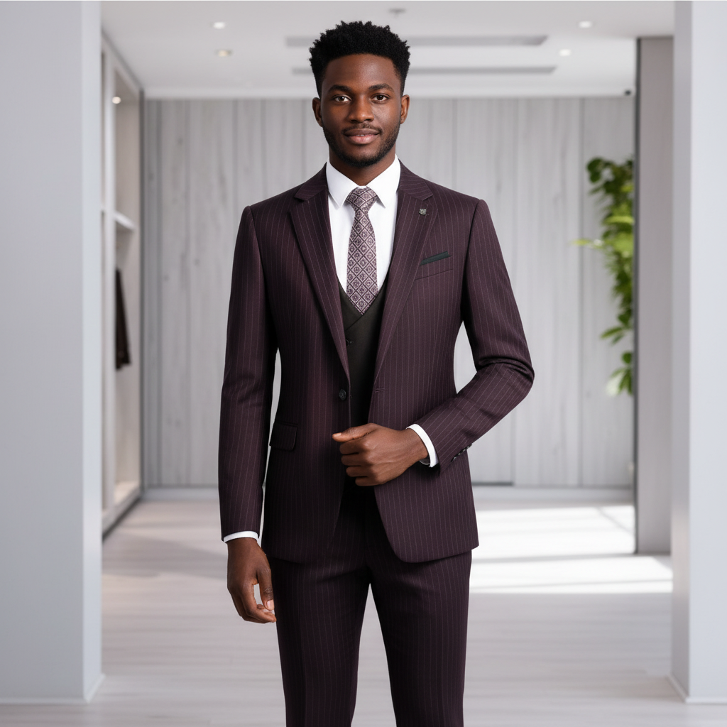 Nigerian male model wearing burgundy pinstripe 3-piece suit