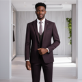 Nigerian male model wearing burgundy pinstripe 3-piece suit