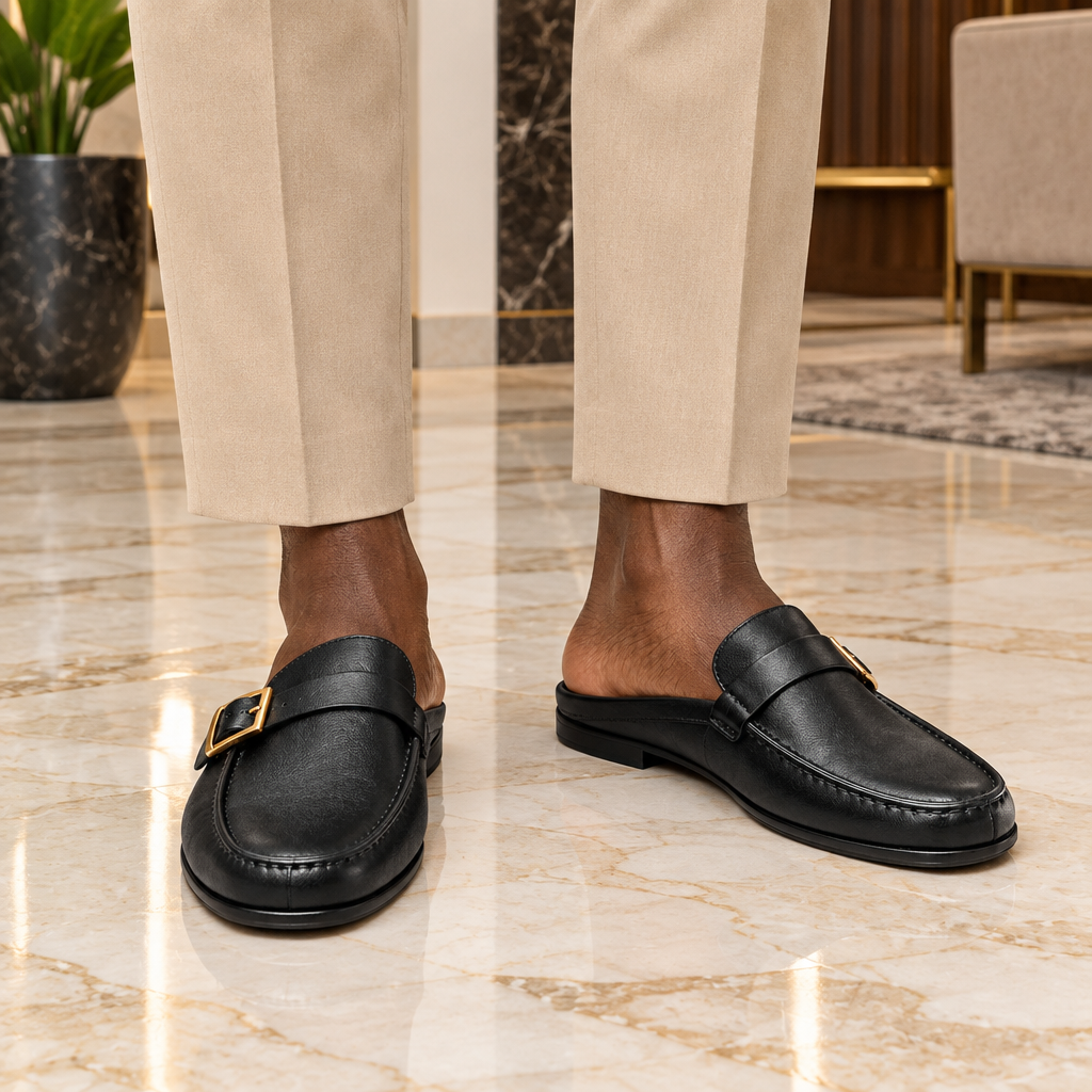 Man wearing black leather buckle-strap mule loafers on marble floor
