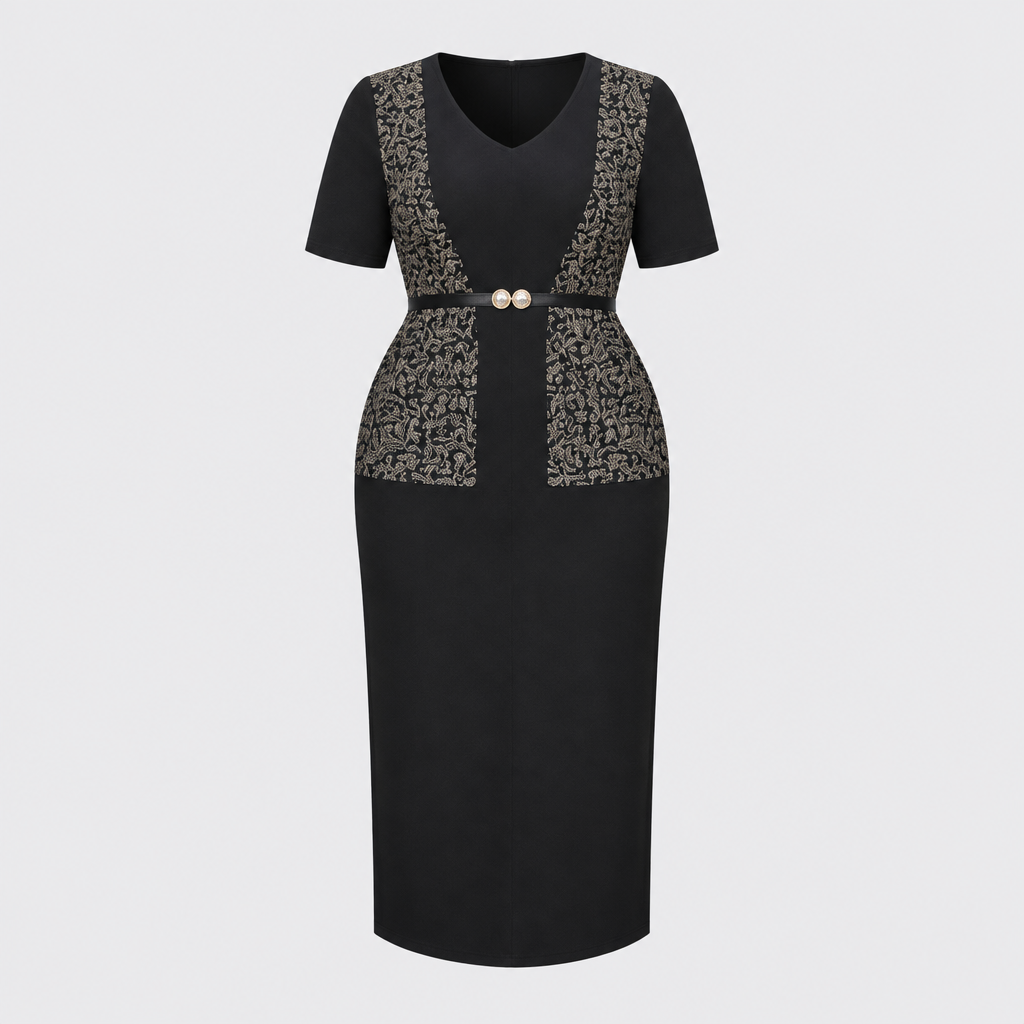 Black patterned panel midi dress
