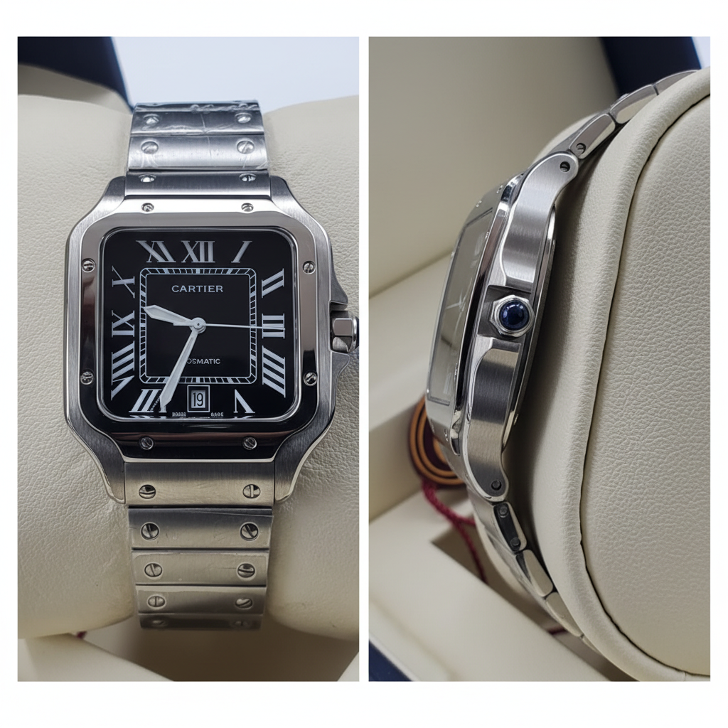 Santos square silver steel case black dial men's watch front and side view