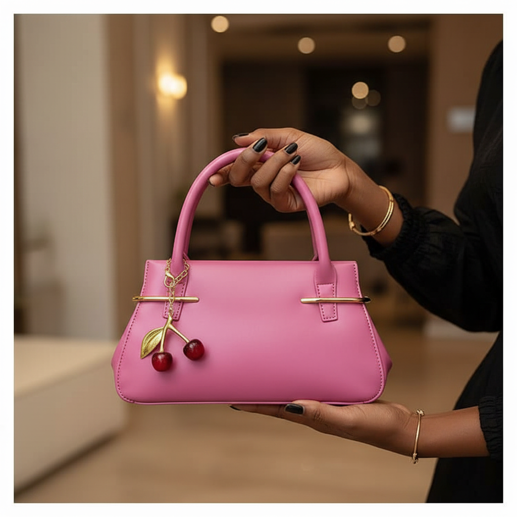 Black Nigerian woman holding hot pink fuchsia leather mini handbag with red cherry charm
